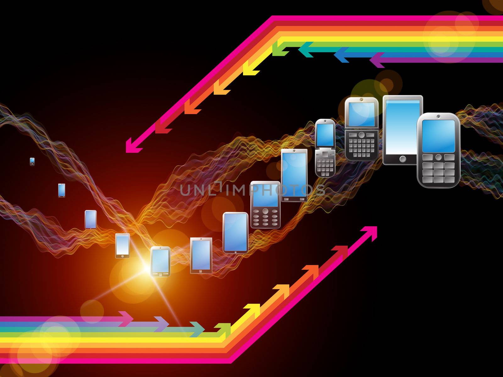 Interplay of cellular phones, arrows, lights and abstract elements on the subject of communications, connectivity and mobile gadgets