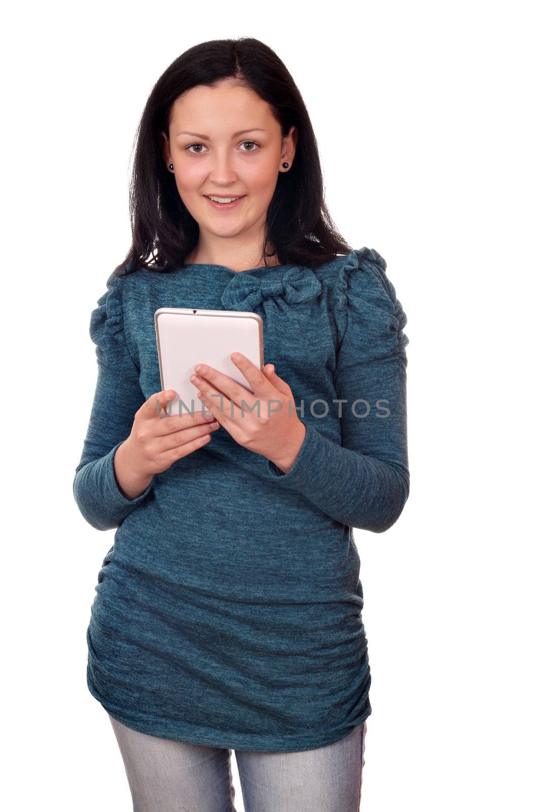 beautiful teenage girl hold tablet pc by goce
