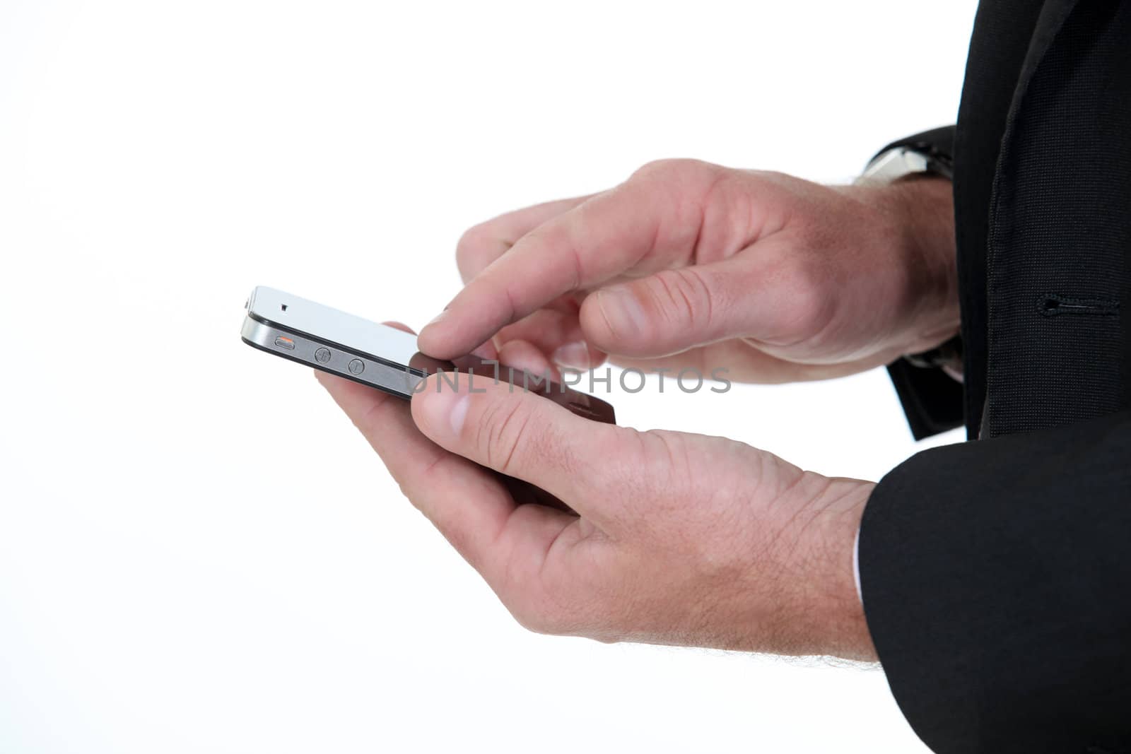 male hand holding cell phone by phovoir