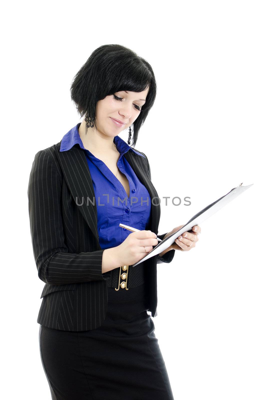 Portrait of a business woman signing document. Over white background.