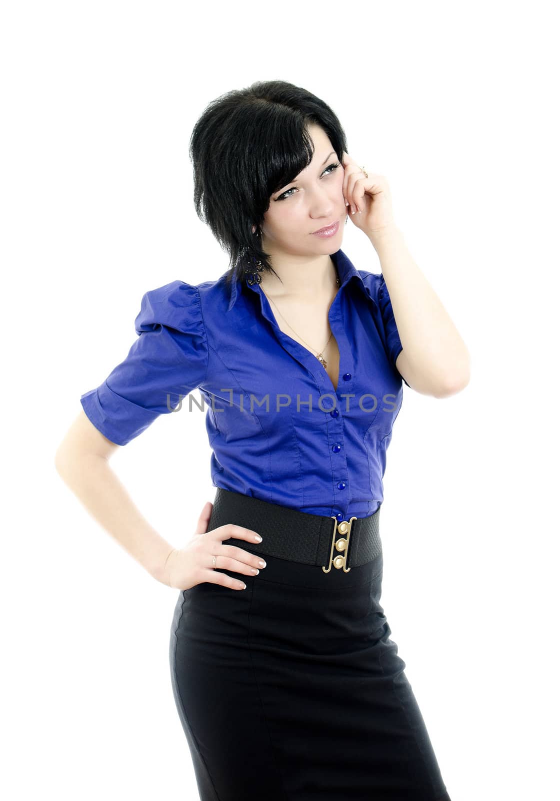 Portrait of business woman thinking over something. Isolated on white background