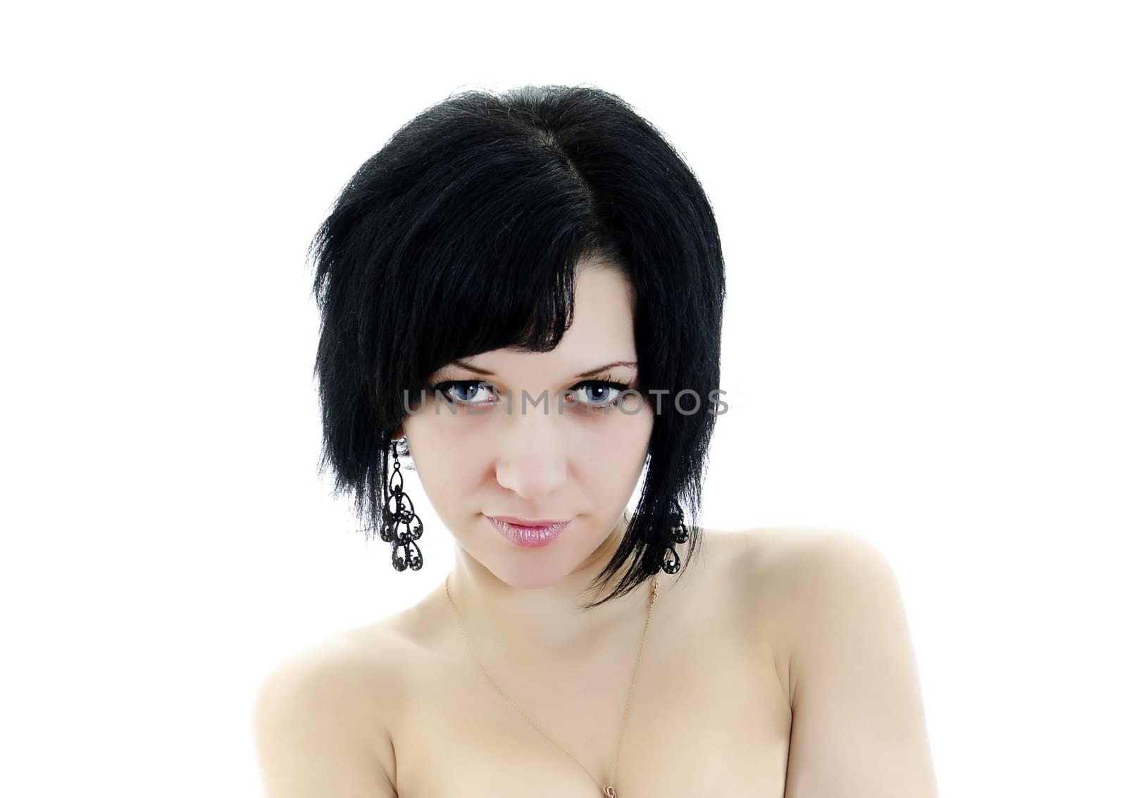 Close-up portrait of brunette woman, isolated over white background