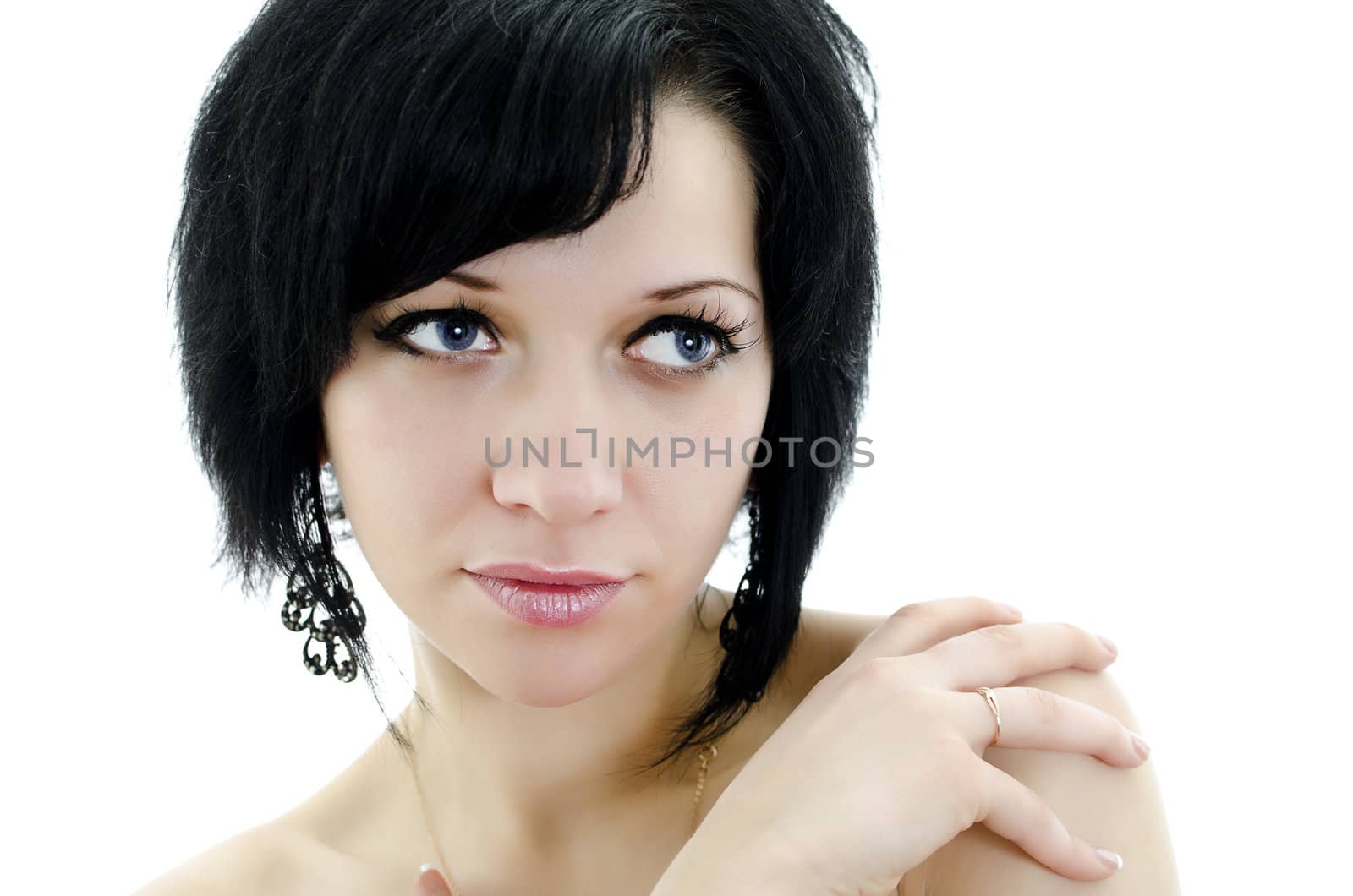 Close-up portrait of brunette woman, isolated over white background