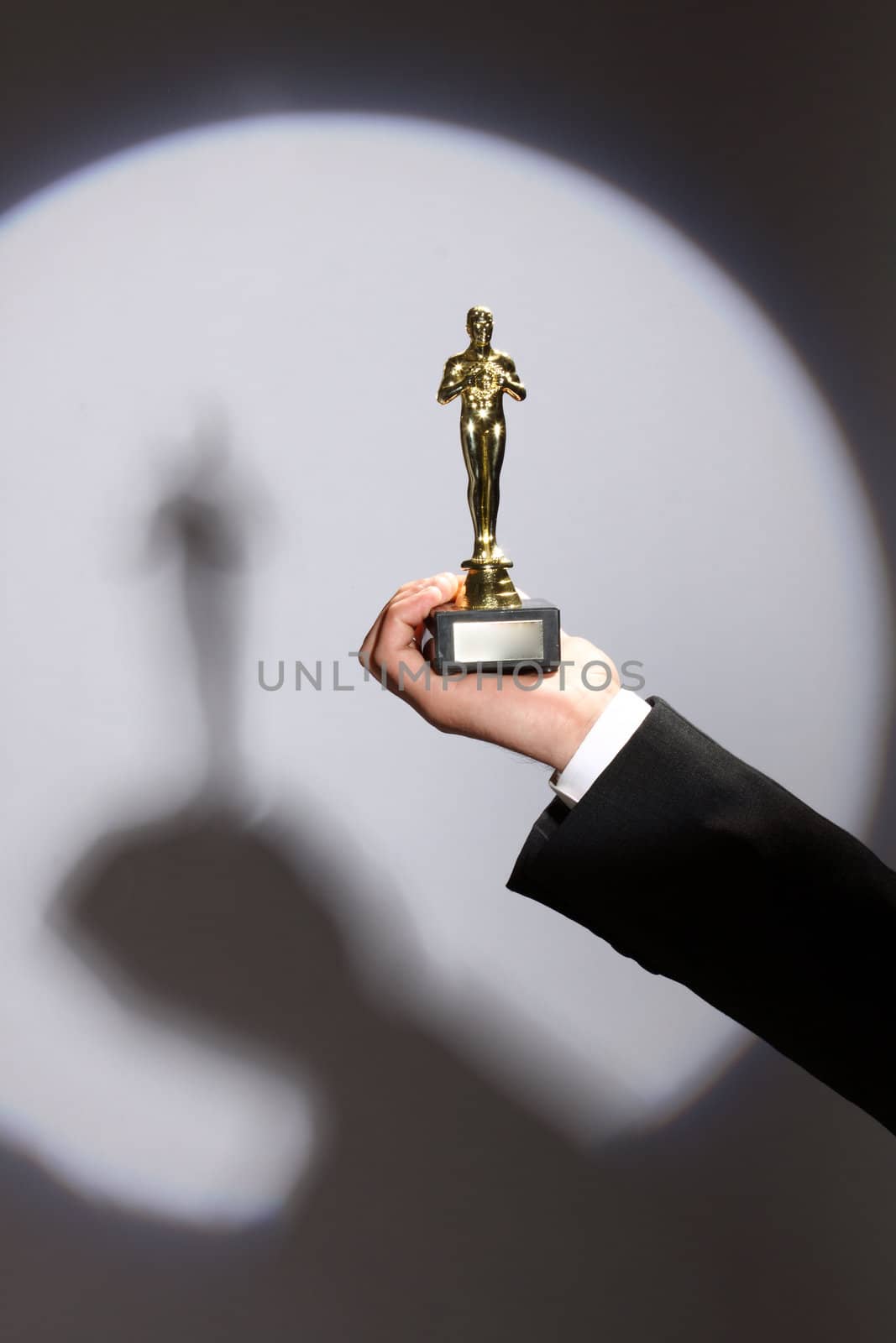 The winner holds in his hand the award. Fake Oscar prize