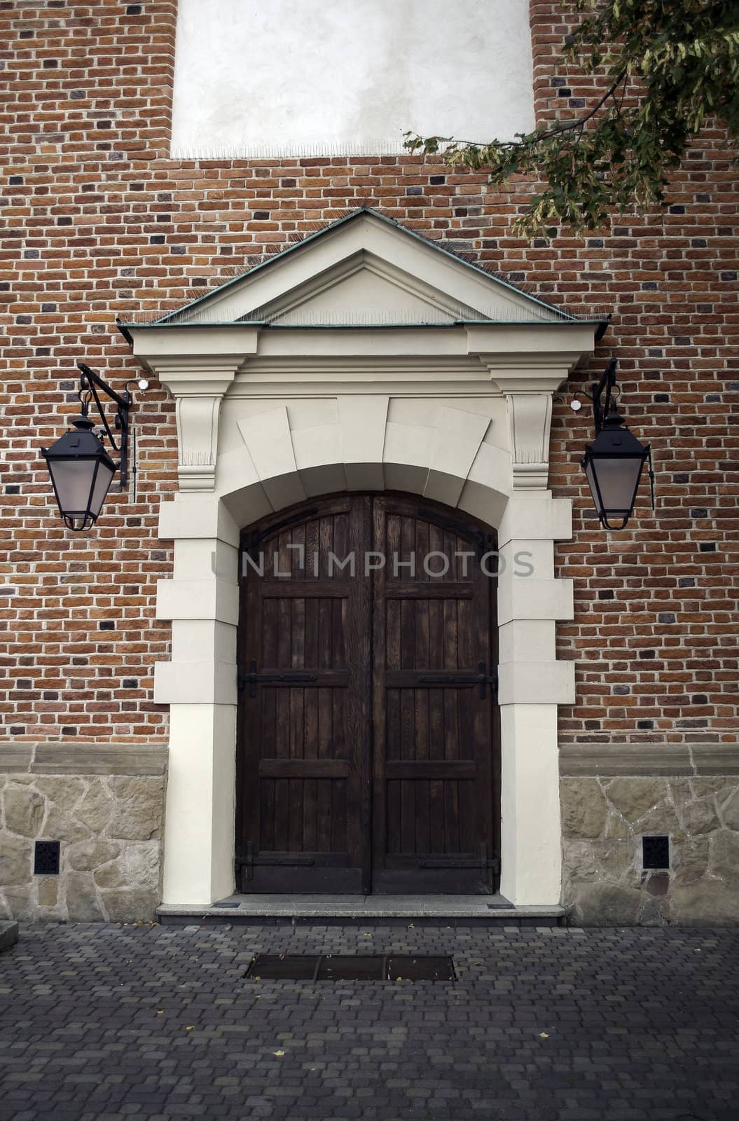 Antique wooden building front door.