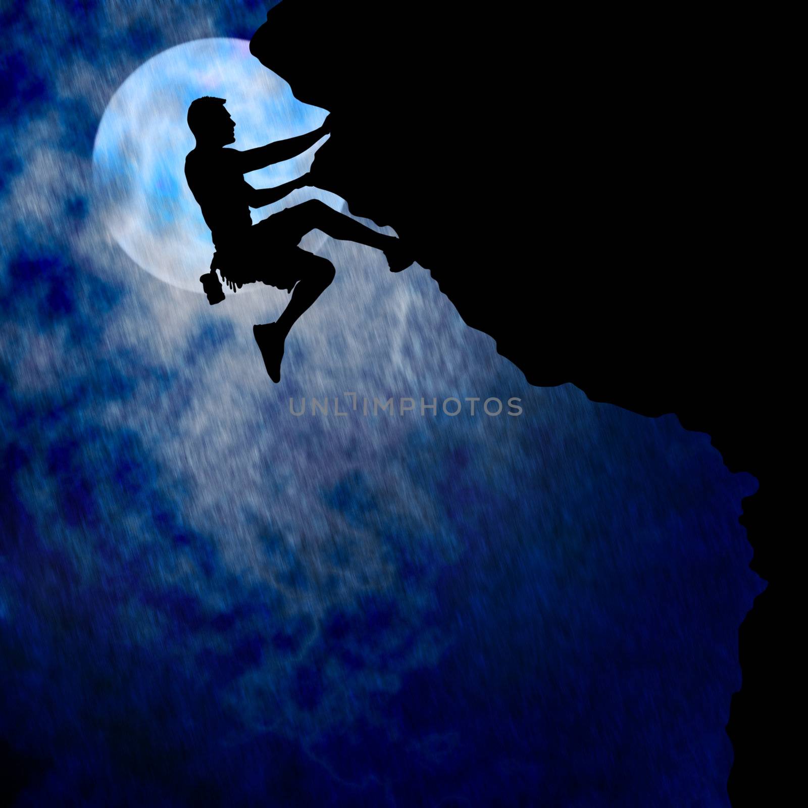 An illustration of a man climbing a mountain with no rope in the rain against a full moon at night. 