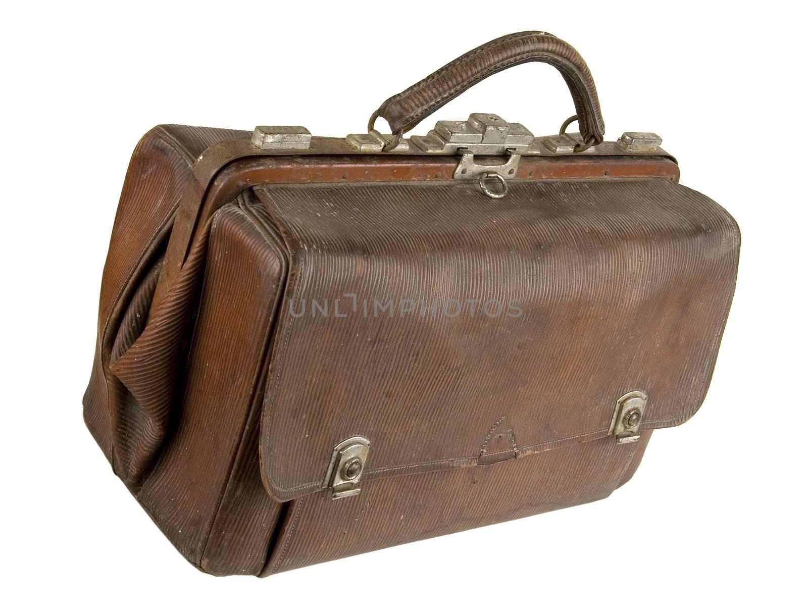 Old brown suitcase on a light background