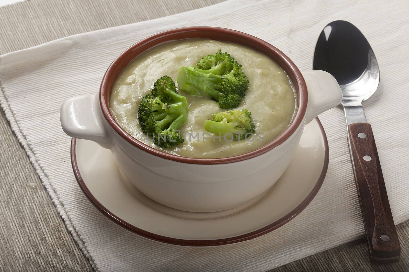 Cream soup with broccoli and dried crust in the bowl on the napkin