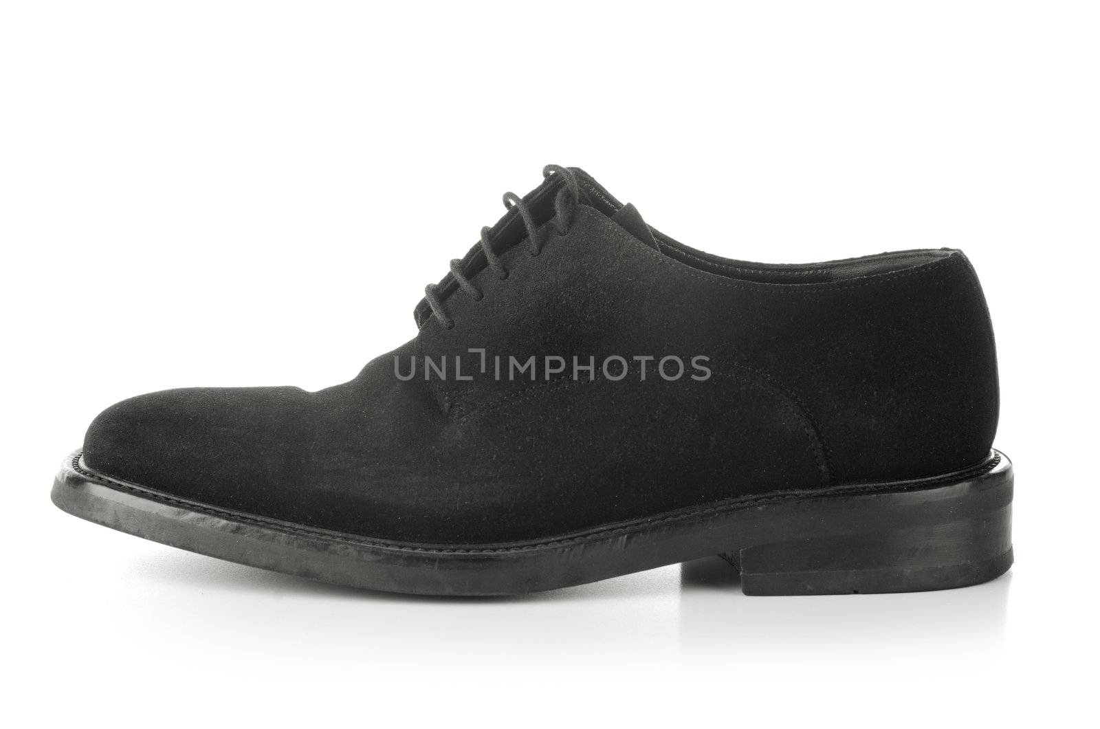 Black men's shoe on white background.