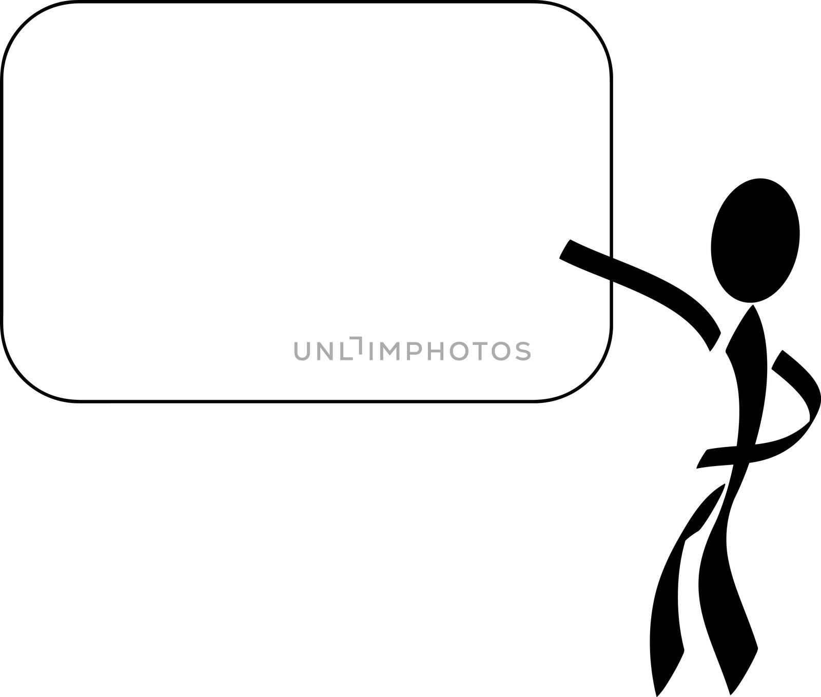 A stylized person pointing on a blank blackboard. All isolated on white background.