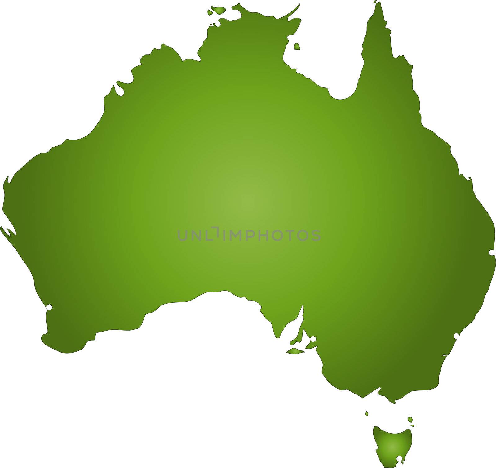 A stylized map of Australia in green tone. All isolated on white background.