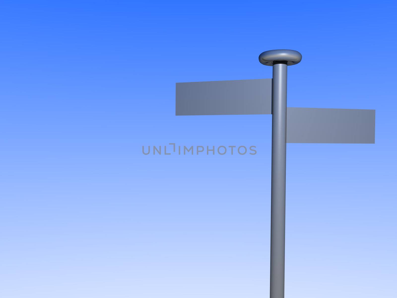 A stylized illustrated signpost in front of bright blue sky.