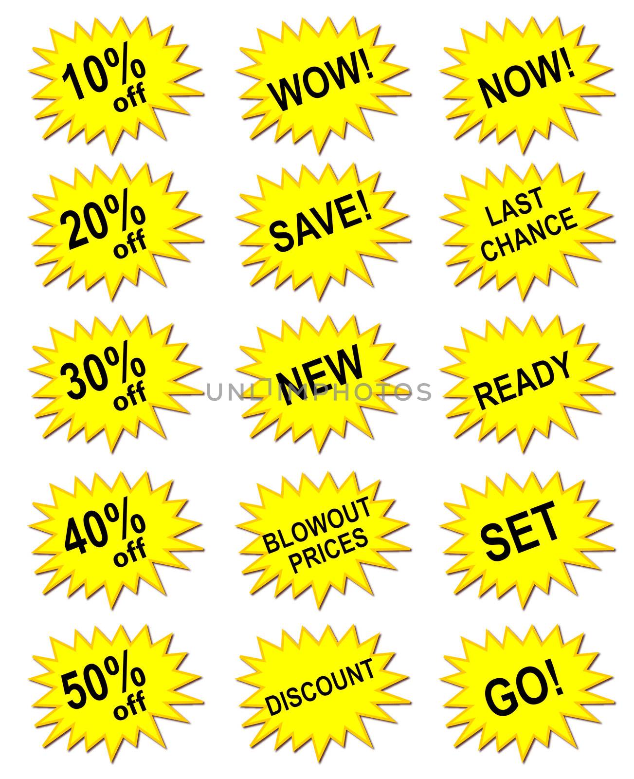 A set of typical eye-catching yellow icons like they are used in shops. All isolated on white background.