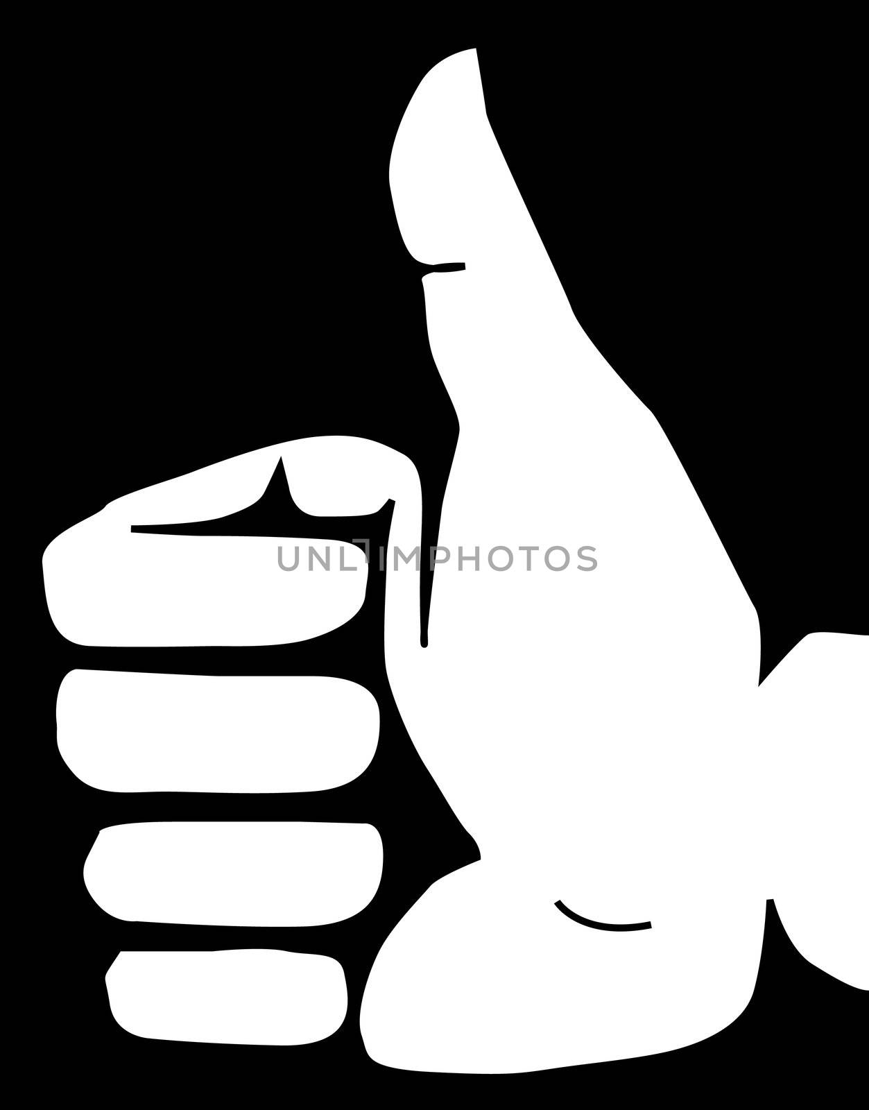 A stylized white hand infront of a black background showing a positive gesture.