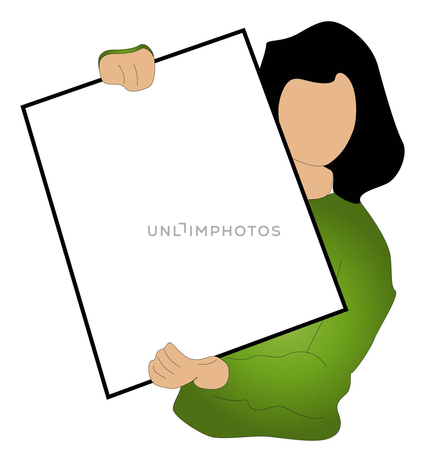 A stylized person holding a blank sign. All isolated on white background.