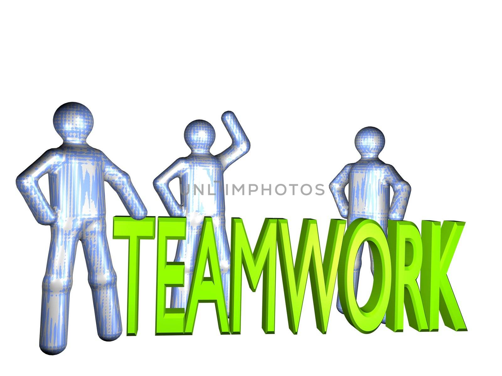 Three stylized persons standing beside the word teamwork. All isolated on white background.