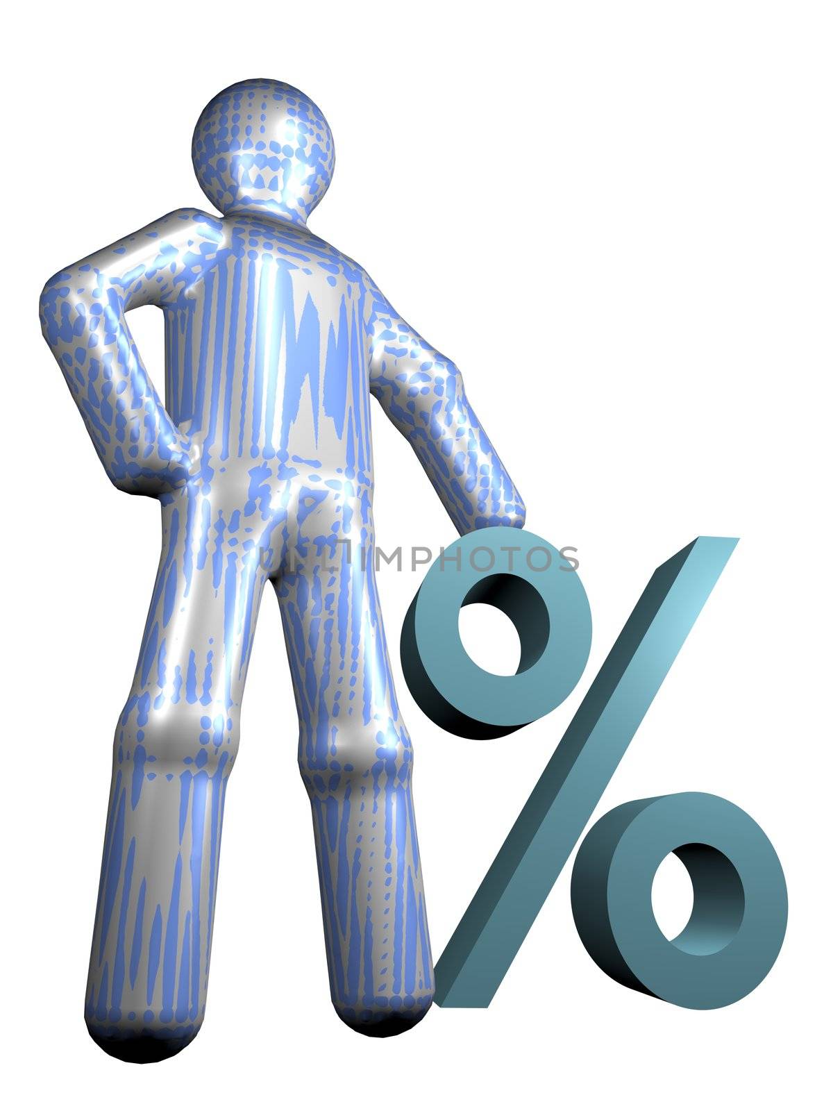 A stylized person standing next to a percent sign. All isolated on white background.