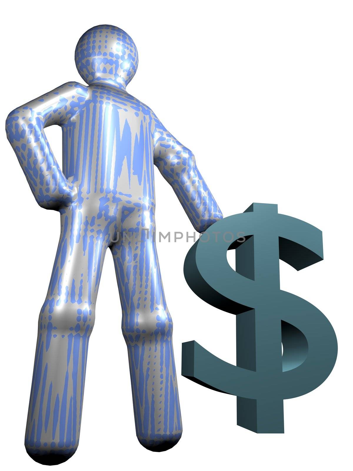 A stylized person standing next to a dollar sign. All isolated on white background.