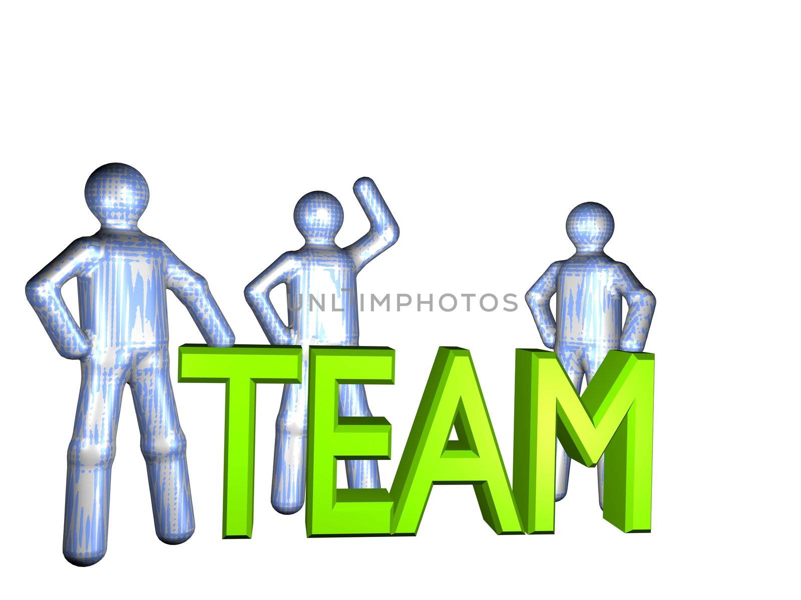 Three stylized persons standing beside the word teamwork. All isolated on white background.