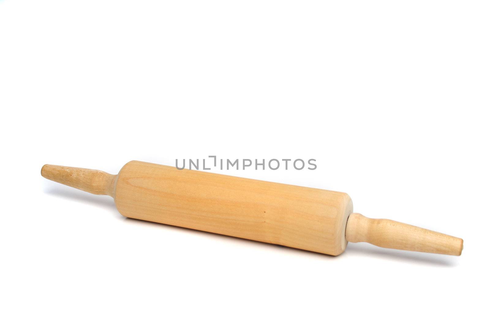 An wooden rolling pin idolated on white background.