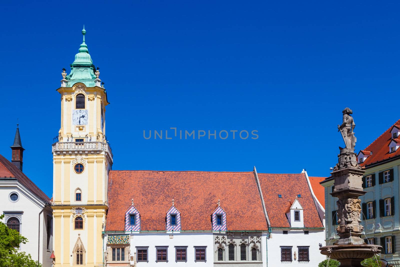 The Old Town Hall (Stara radnica) and the Roland Fountain (Rolandova fontana) in Bratislava, Slovakia