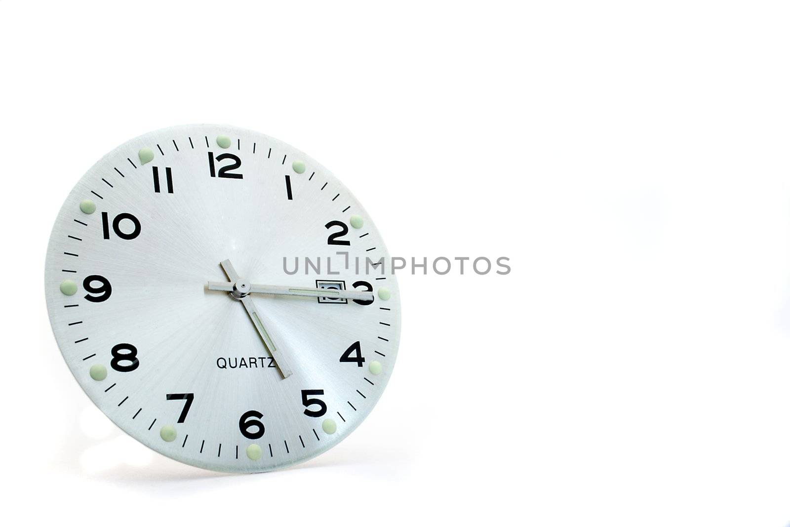 A simple watch showing 15 past 5. All isolated on white background