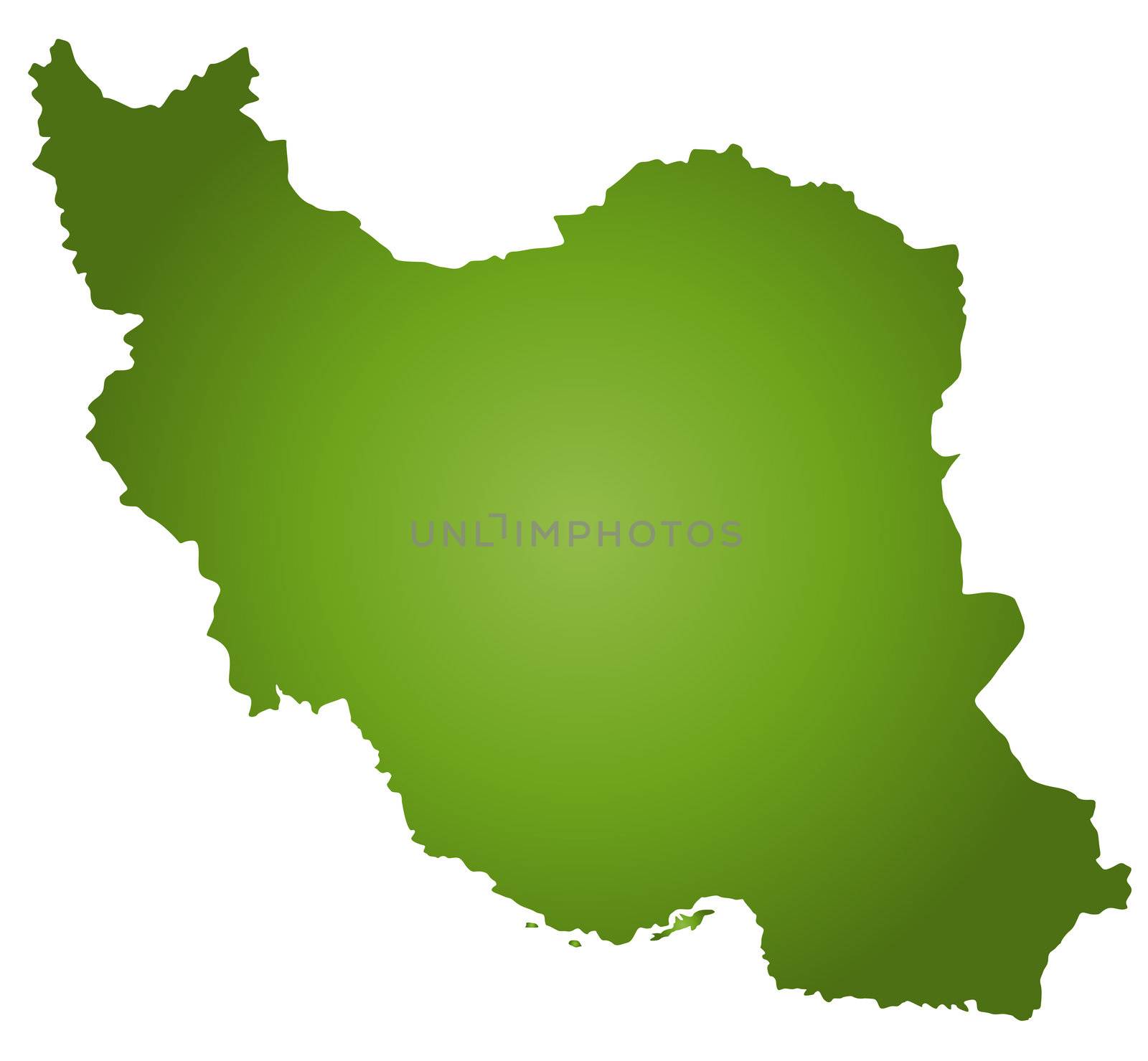 A stylized map of Iran in green tone. All isolated on white background.