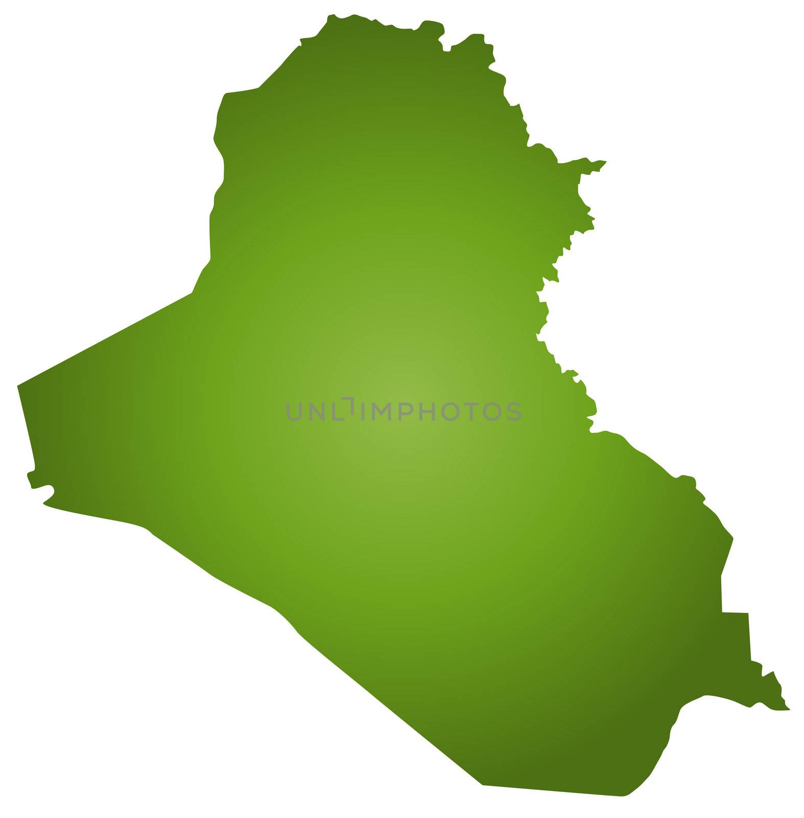 A stylized map of Iraq in green tone. All isolated on white background.