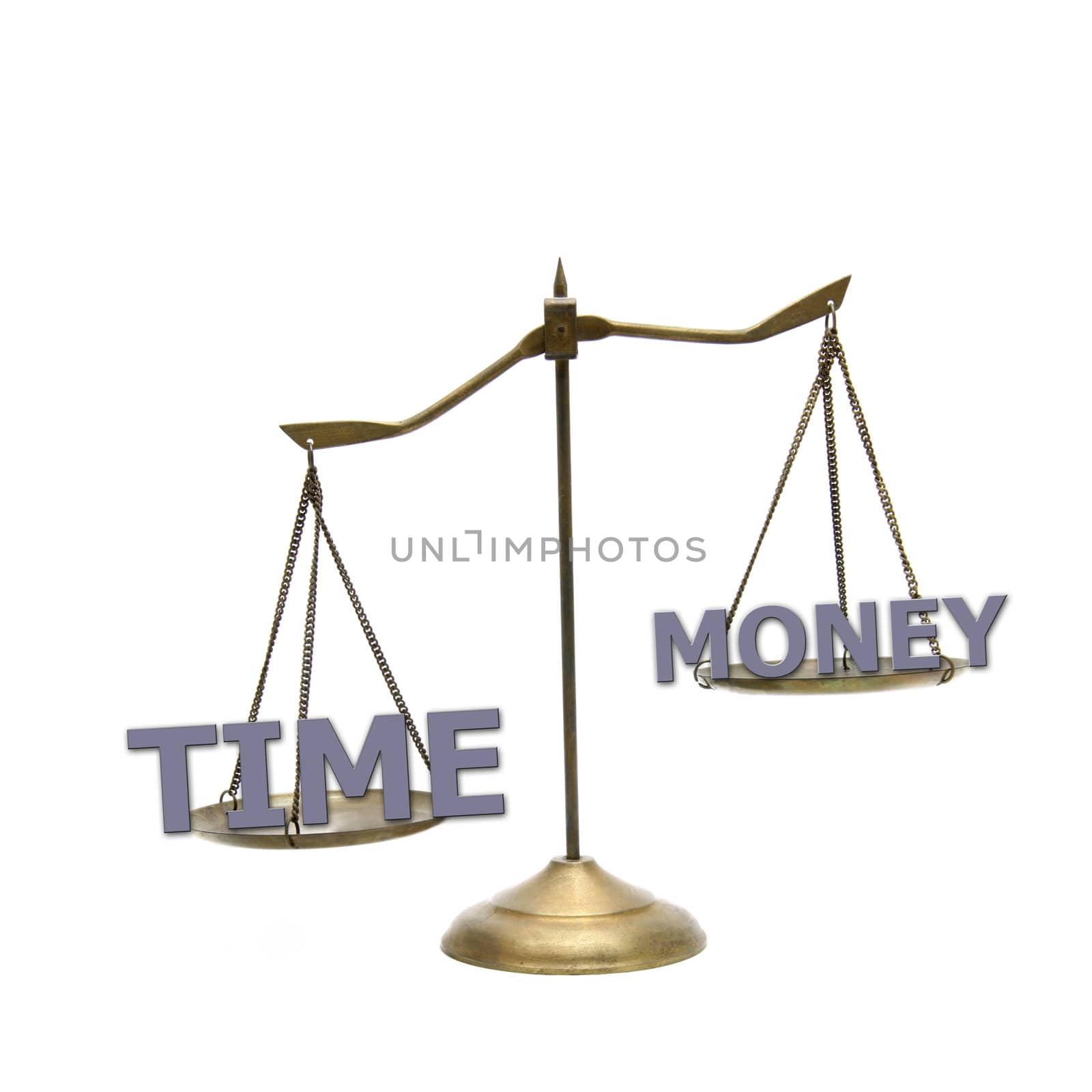 time is greater money concept on golden brass scales