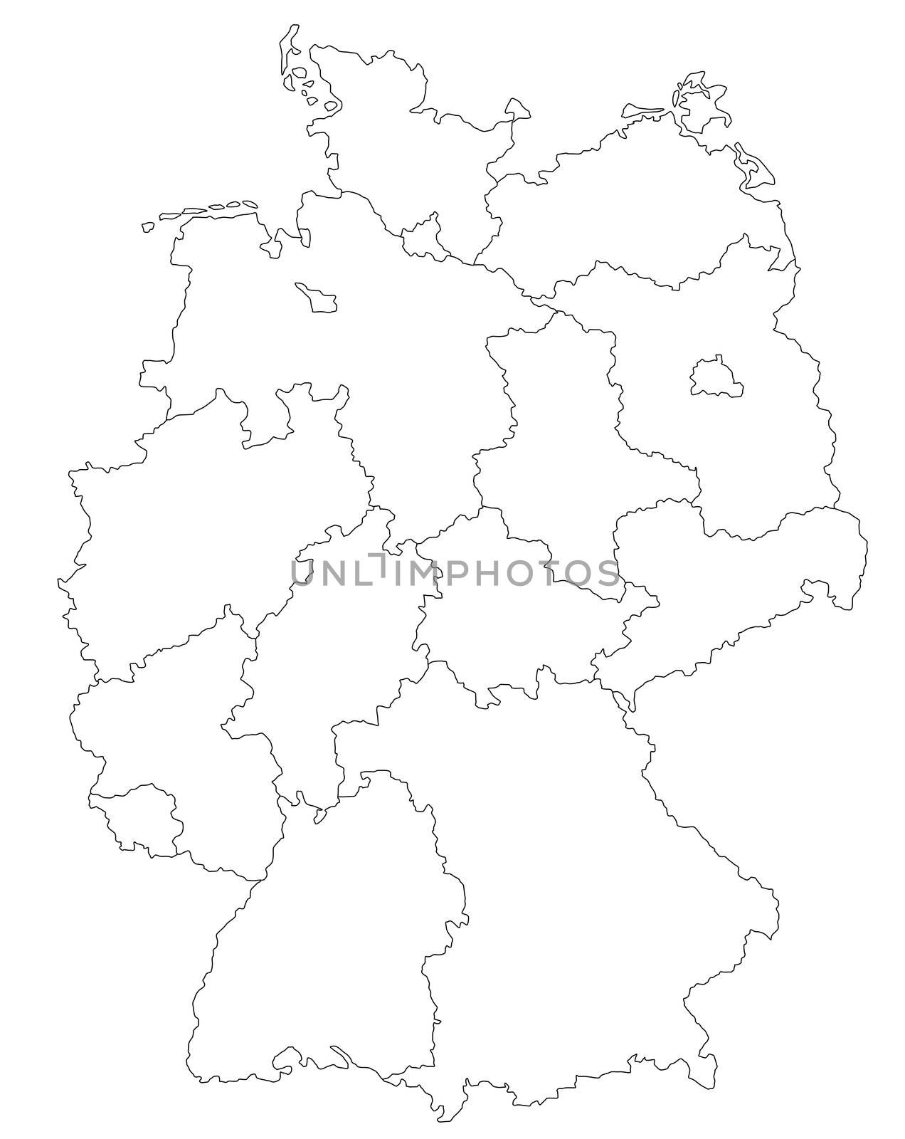A stylized map of Germany showing the different states. All isolated on white background.