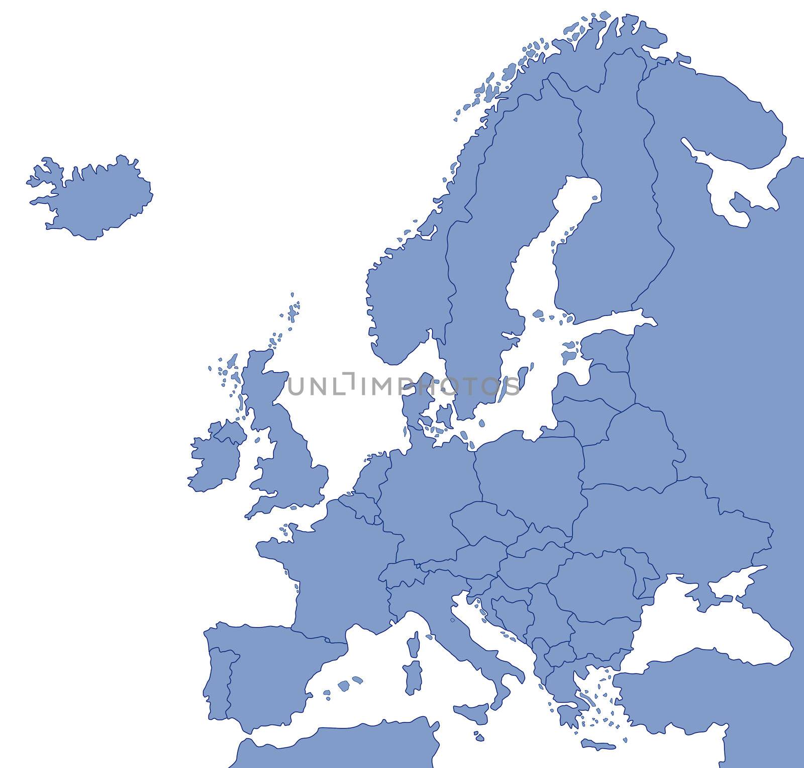 An outlined map of Europe in blue tone showing the different countries. All isolated on white background.