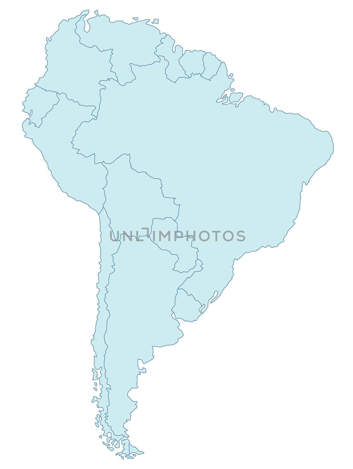 An outlined map of South America in blue tone. All isolated on white background.