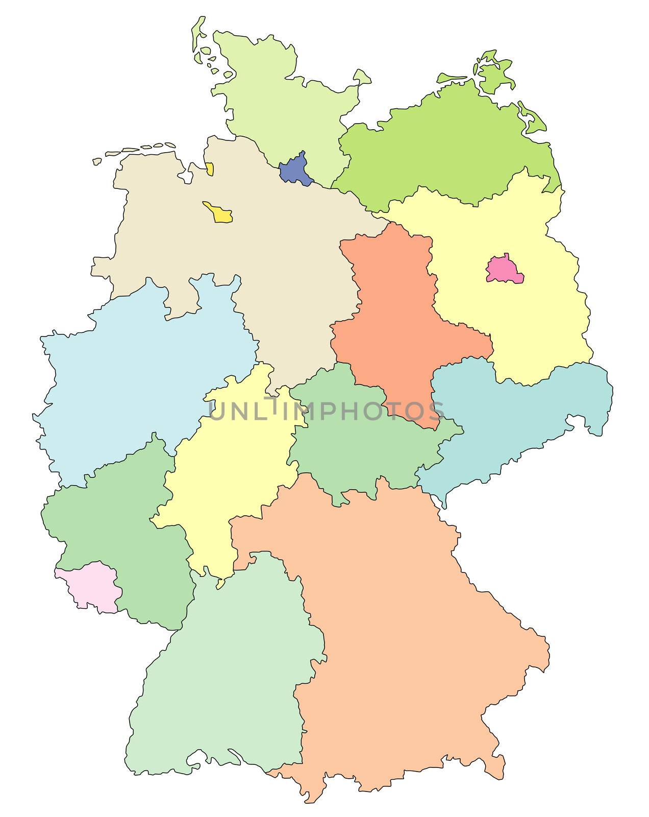 A stylized map of Germany showing all states in different colors. All isolated on white background.