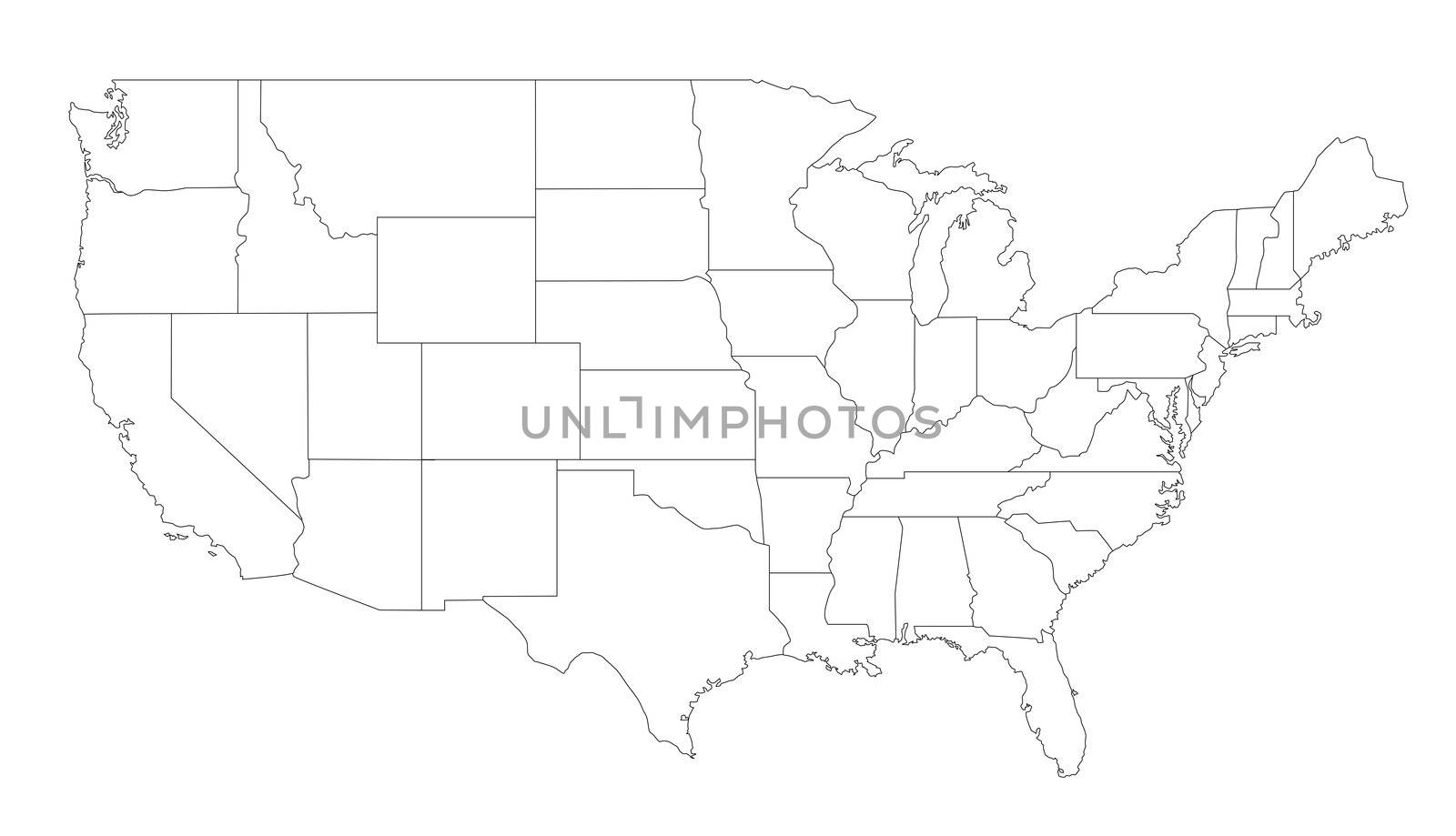 An outlined map of the United States of America. All isolated on white background.