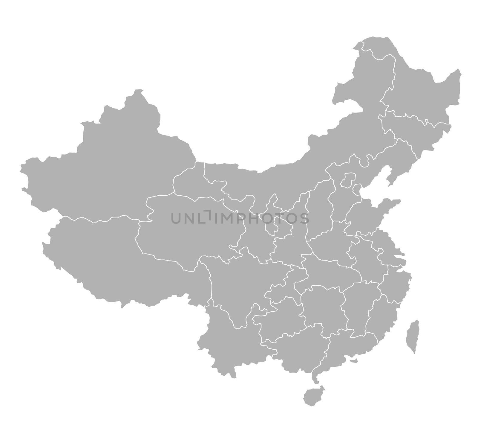 A stylized map of China in grey tone. All isolated on white background.