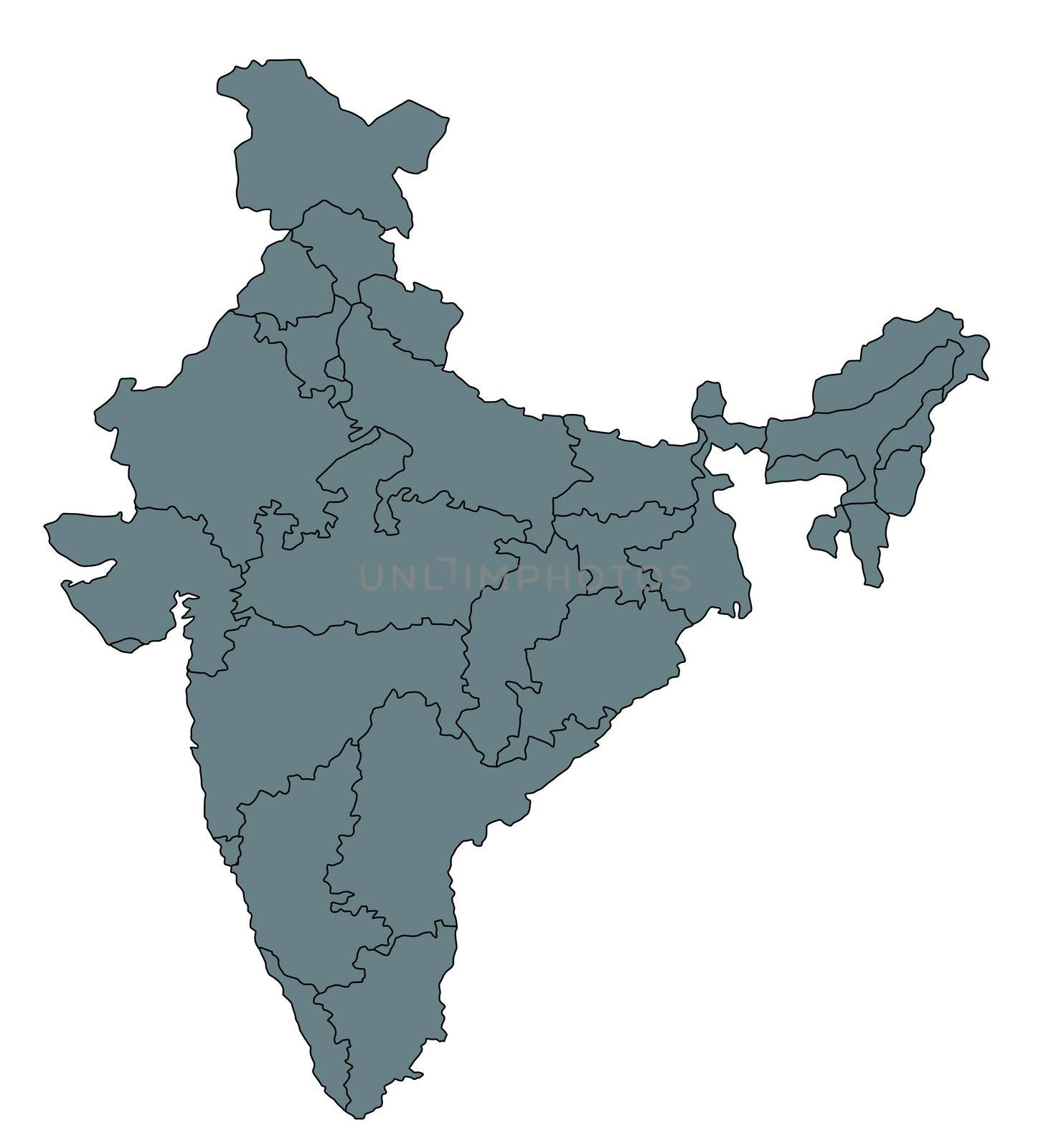 An outlined map of India. All isolated on white background.