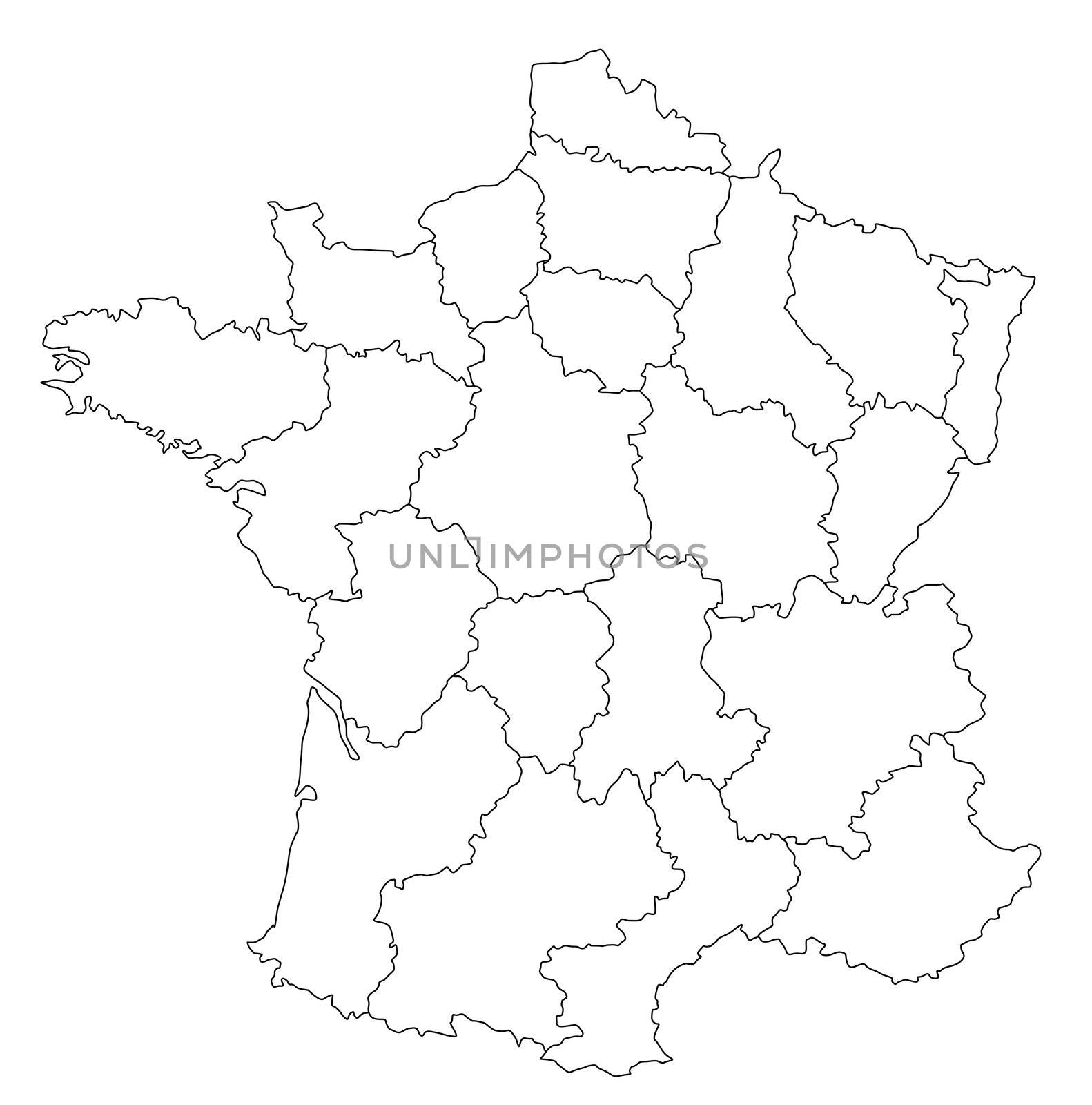 An outlined map of France showing the different provinces. All isolated on white background.