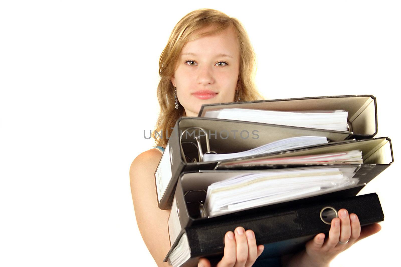 A young ambitious student got a lot of work to do. All isolated on white background.