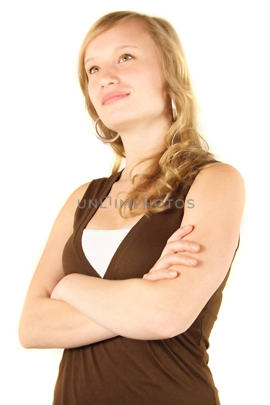 A young handsome woman with a satsified look. All isolatedon white background.