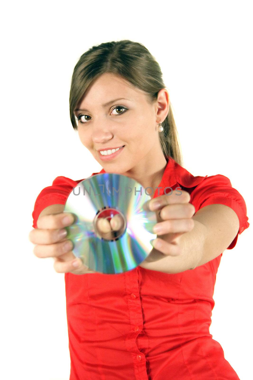 A young handsome woman bending a cd or dvd. All isolated on white background.