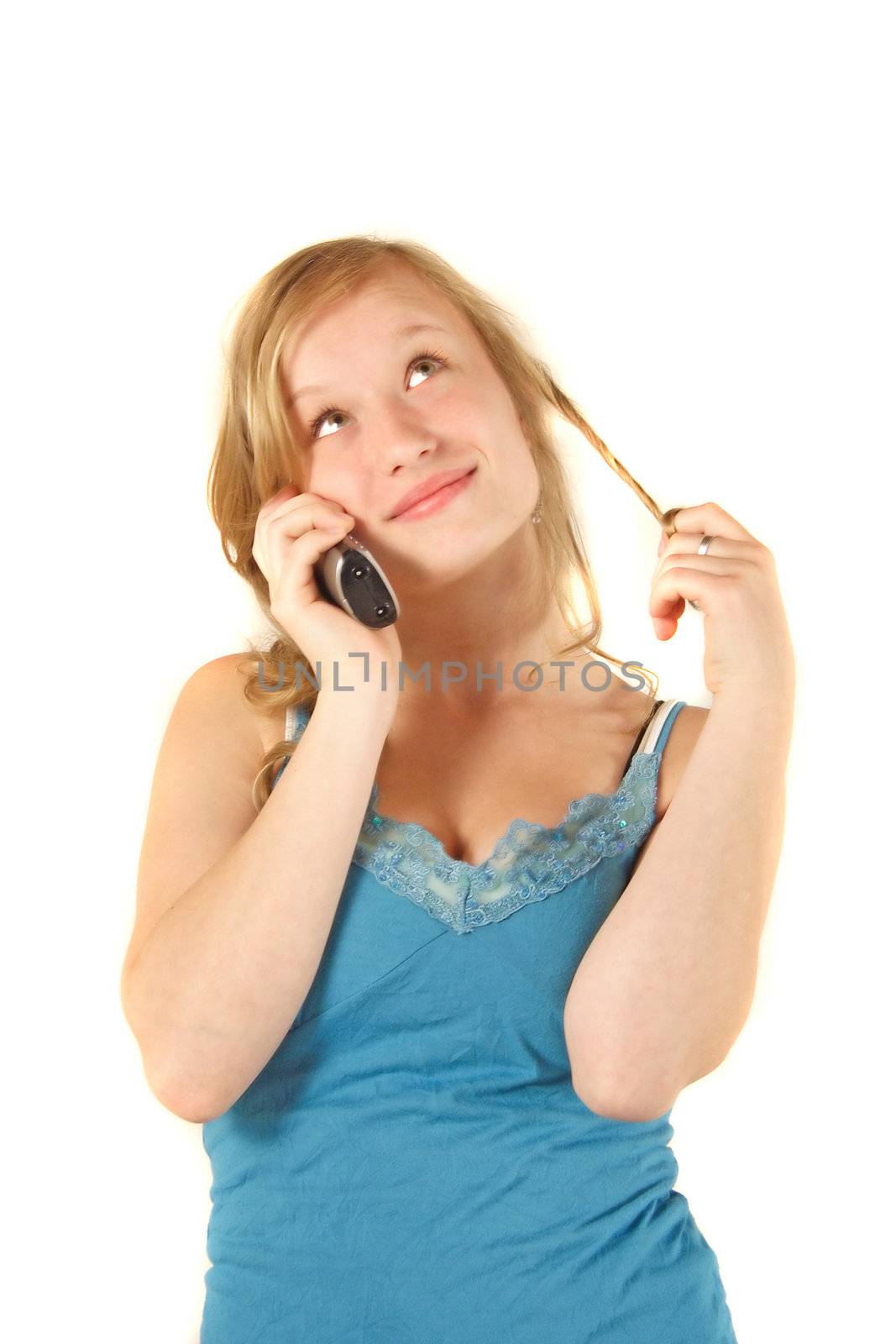 A young handsomewoman gets a positive call. All isolated on white background.