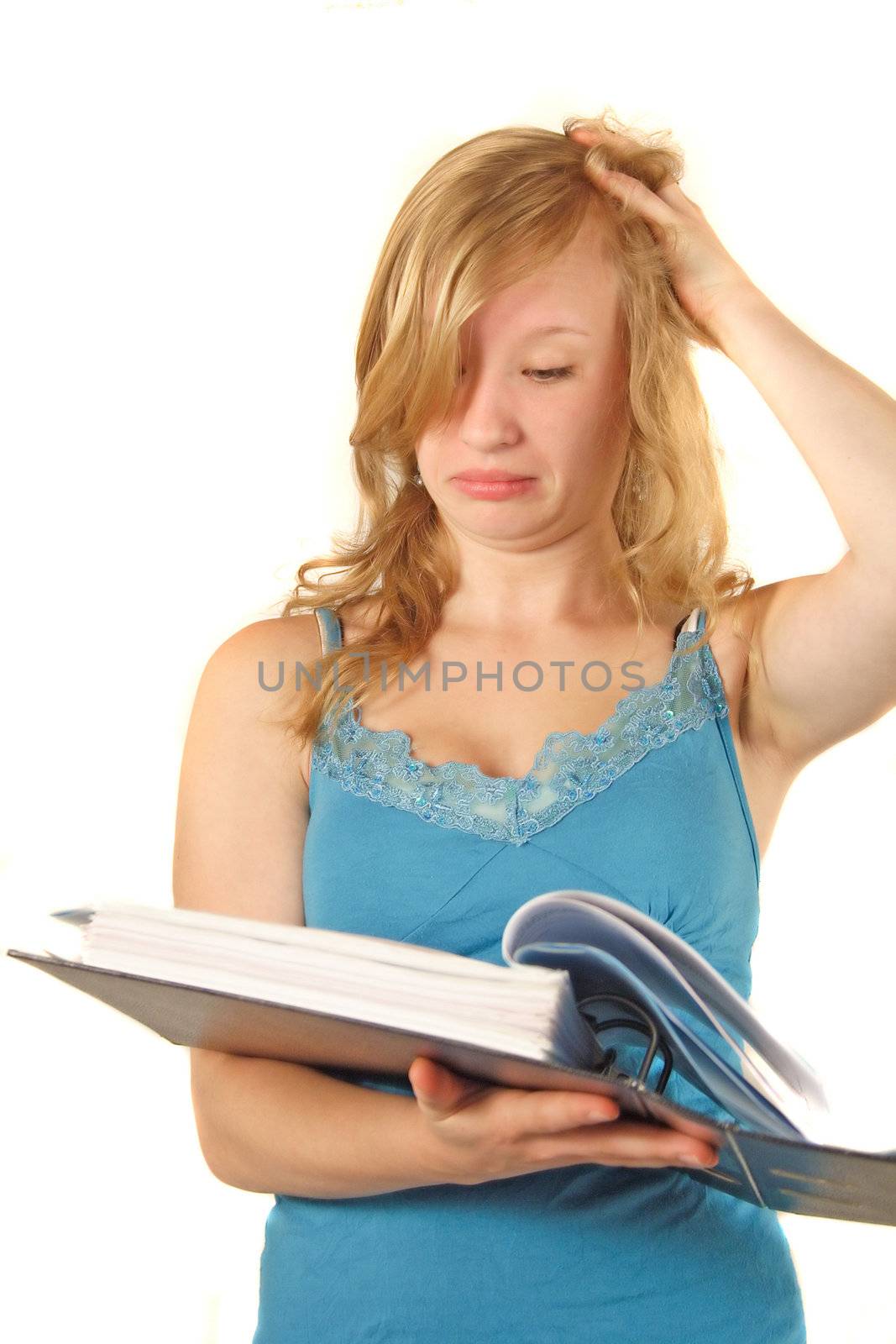 A young ambitious student reading. All isolated on white background.