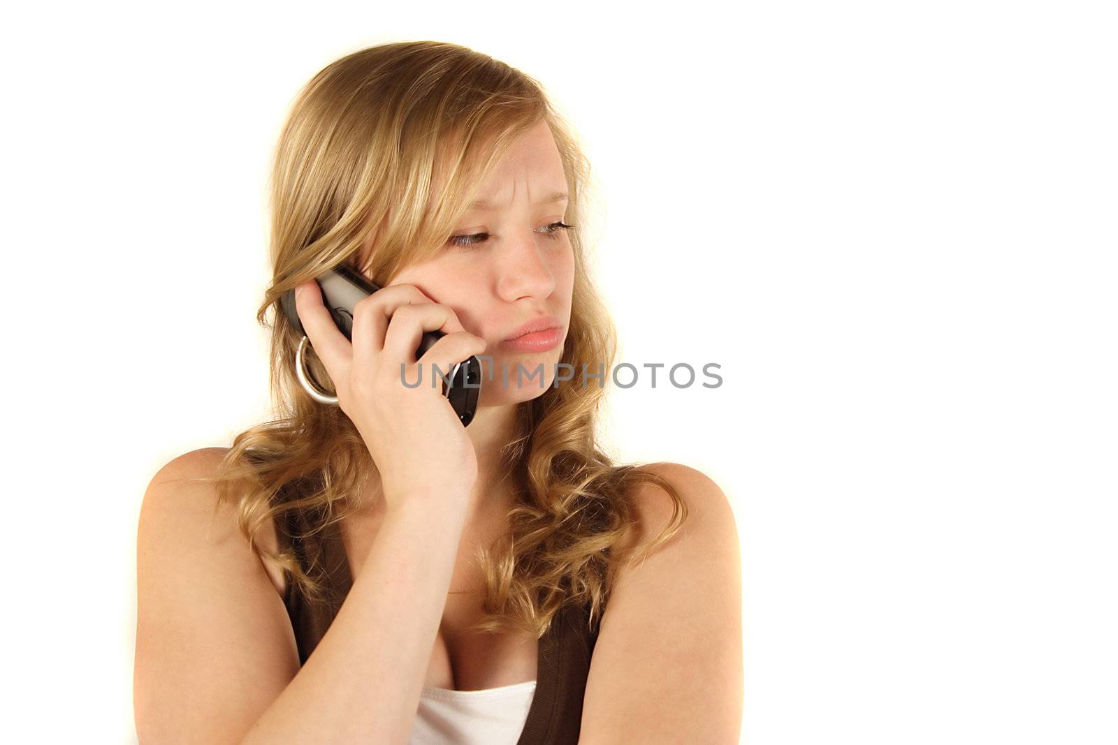 A young handsome woman placed on hold. All isolated on white background.