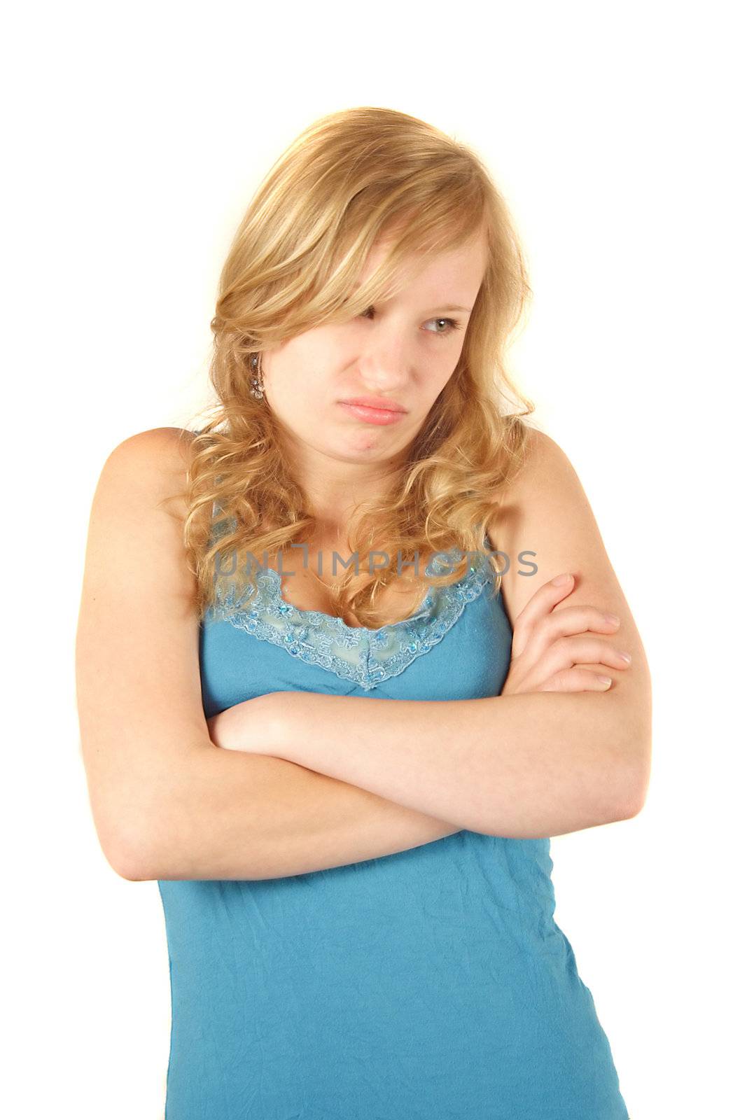 An awkwardyung woman. All isolated on white background.