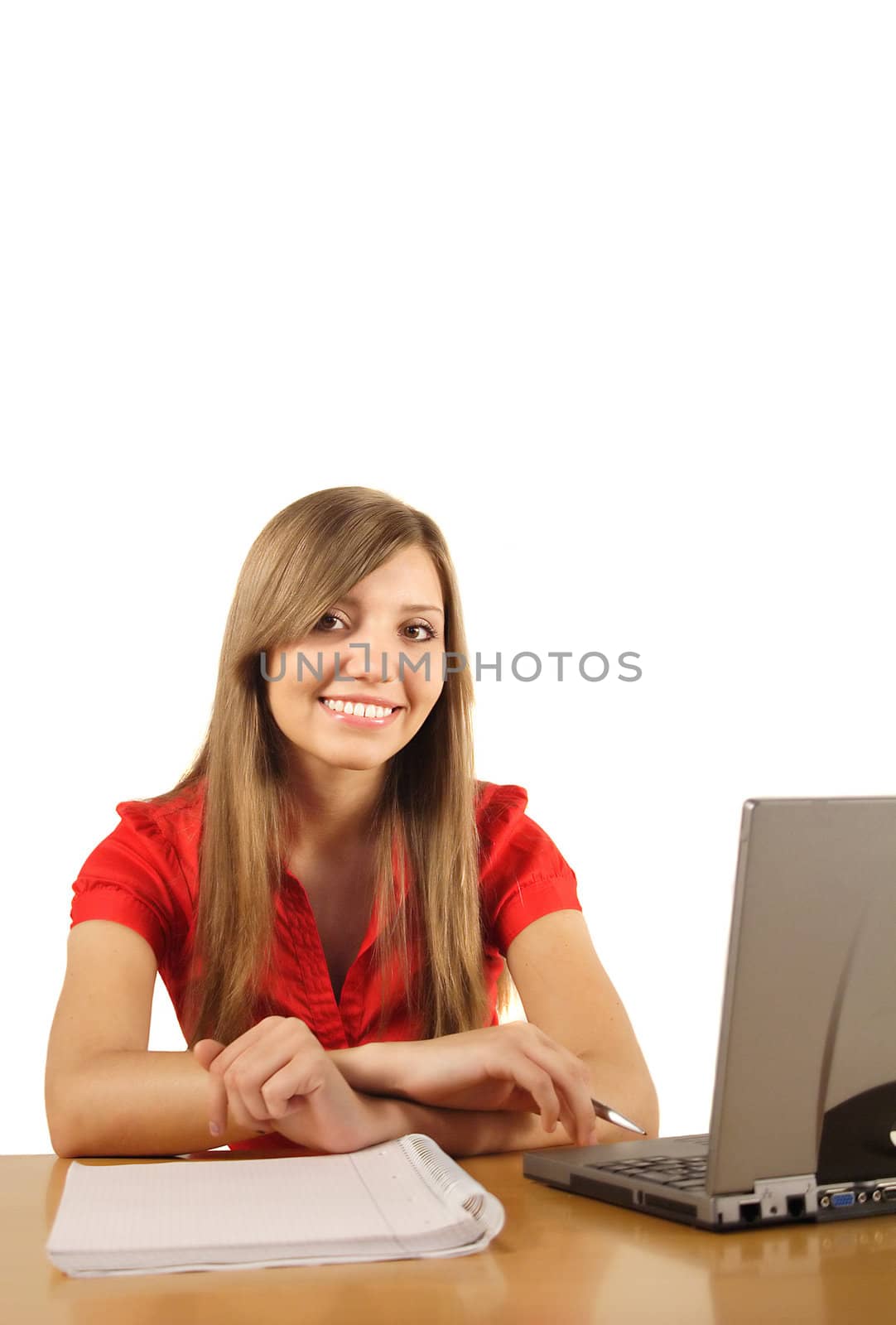 A young ambitious student at her workplace. All isolated on white background.
