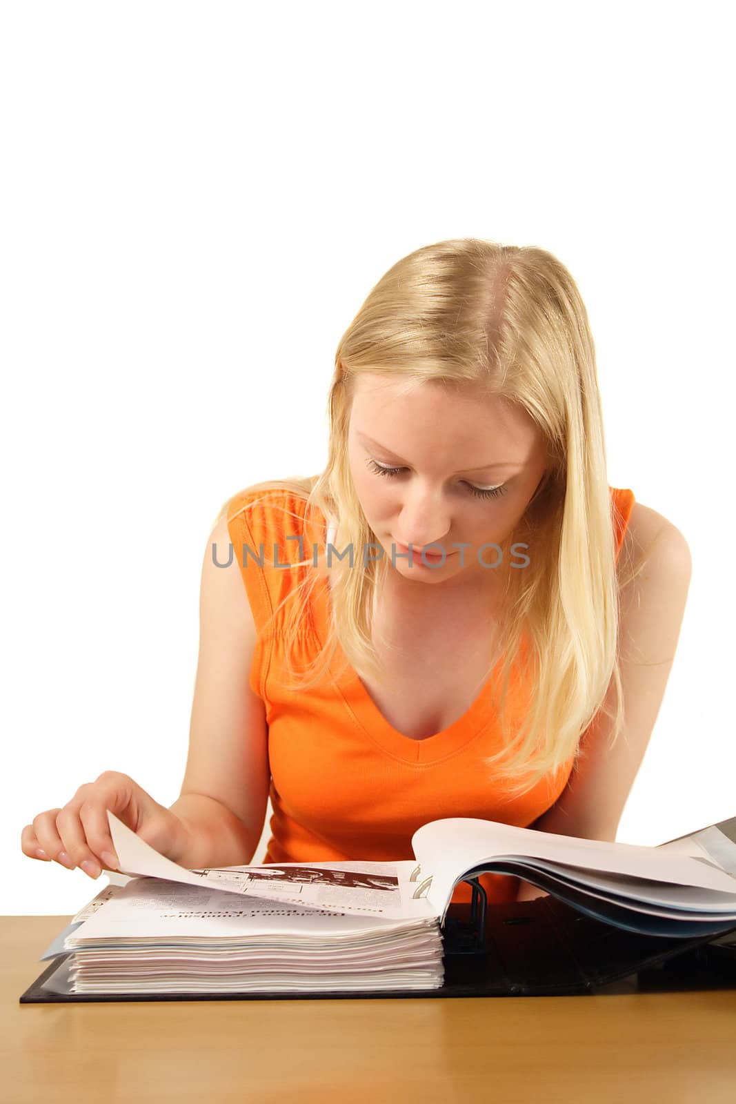 An ambitious student studying her documents. All isolated on white background.