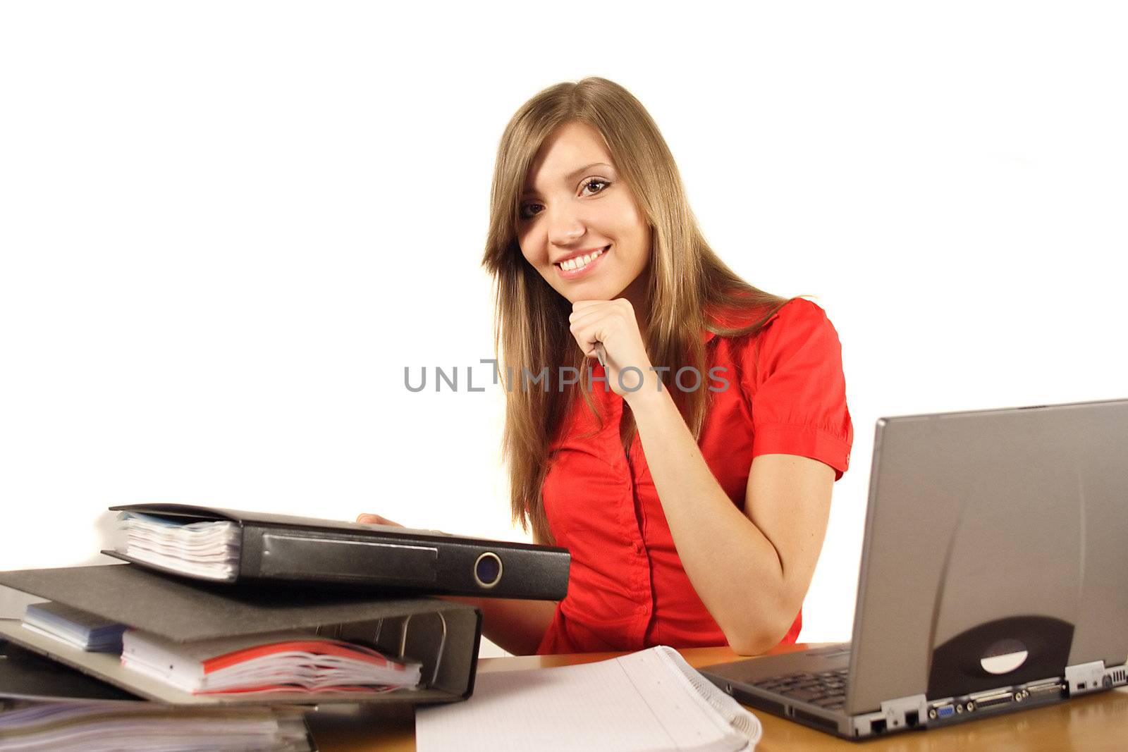 A young ambitious woman got a lot of work to do. All isolated on white background.