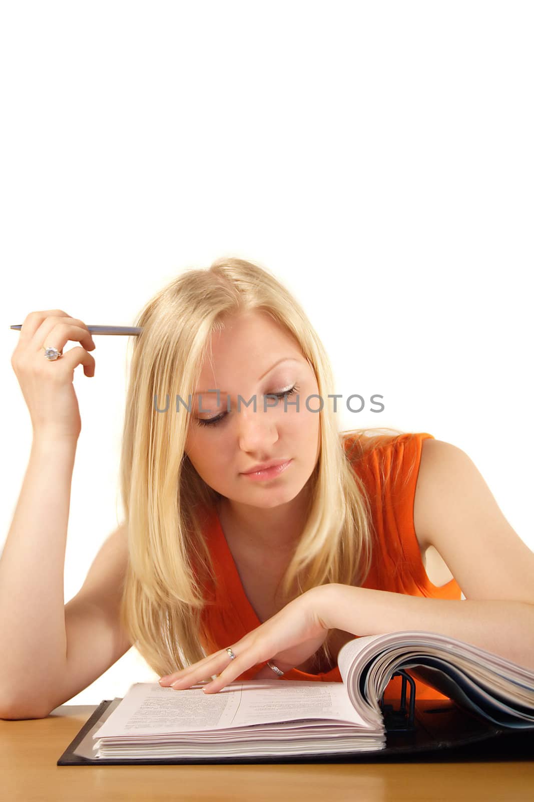 An ambitious student studying her documents. All isolated on white background.
