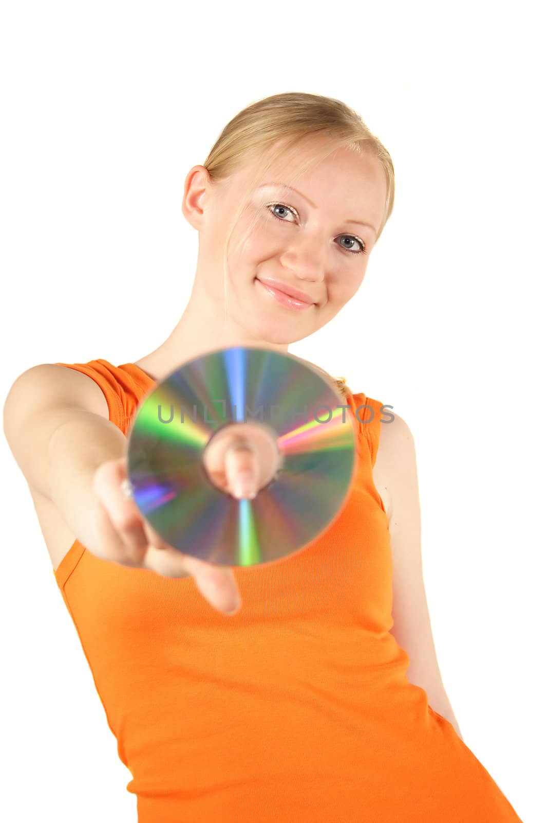 A young handsome woman holding a cd or dvd. All isolated on white background.