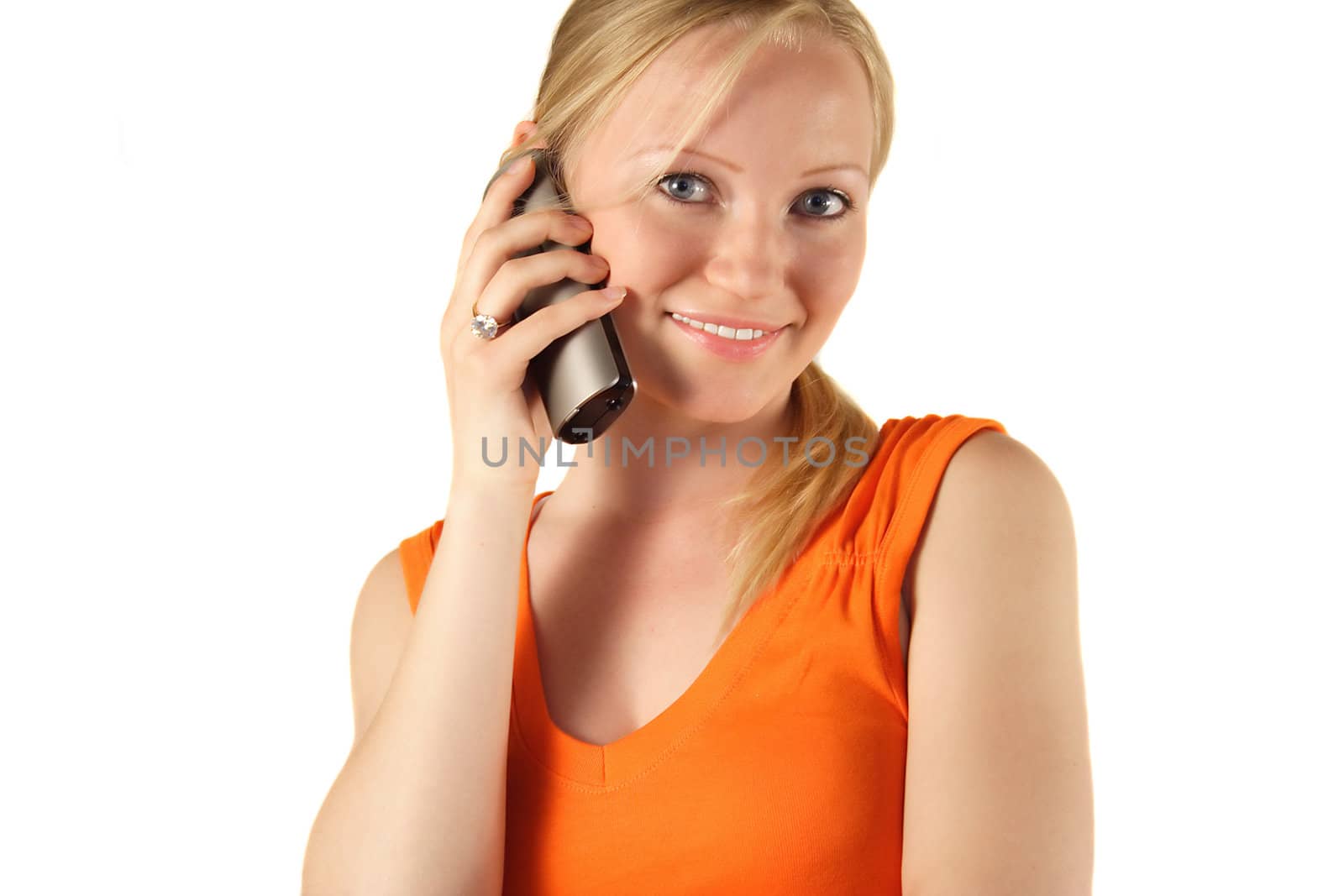 A young handsome woman gives someone a call. All isolated on white background.